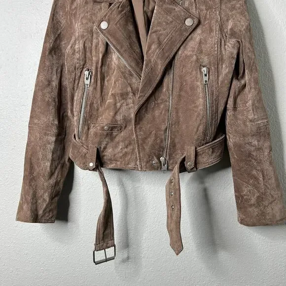 Blank NYC French Taupe Cropped Suede Moto Jacket Size M Belted Leather - Picture 4 of 10